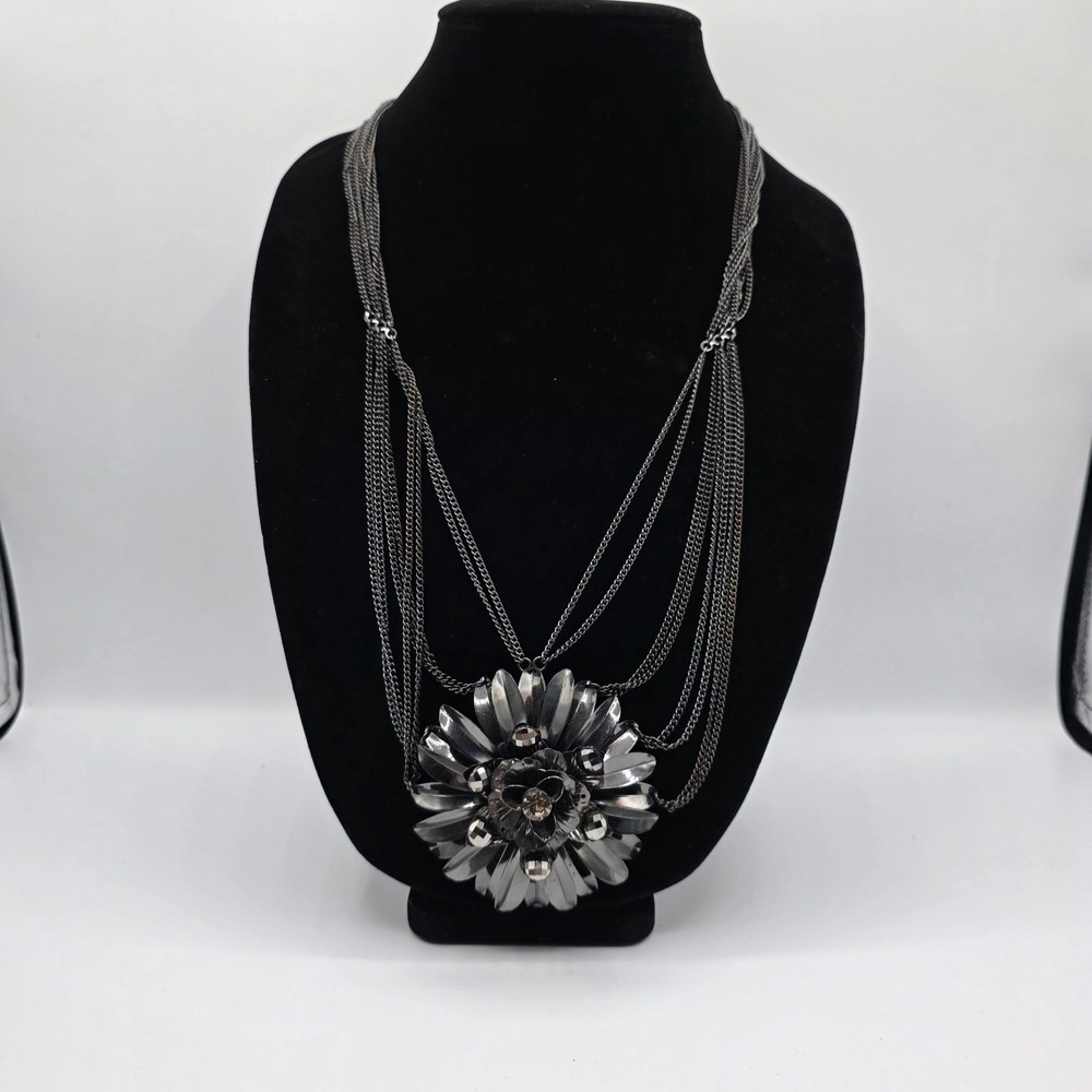 Womens Silver Tone Multi Strand Chain Flower Crystal Pendant 34" Fairycore